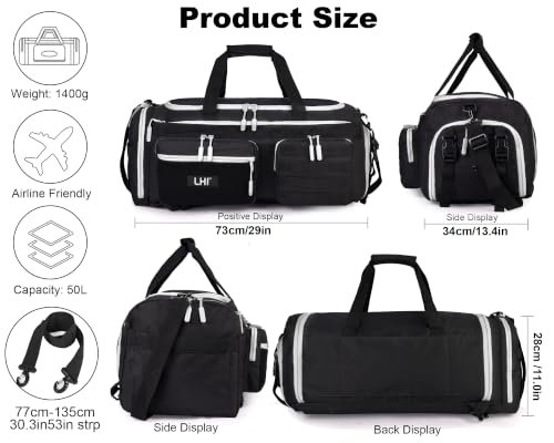 LHI 50L Tactical Duffle Bag for Men, 3-in-1 Gym Duffle and Backpack, Shoe Compartment, Laptop Sleeve and MOLLE, Carry-On Travel Weekender and Overnight Bag – Black with White zippers - color: Black white