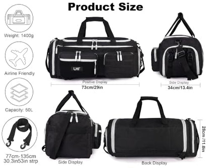 LHI 50L Tactical Duffle Bag for Men, 3-in-1 Gym Duffle and Backpack, Shoe Compartment, Laptop Sleeve and MOLLE, Carry-On Travel Weekender and Overnight Bag – Black with White zippers - color: Black white