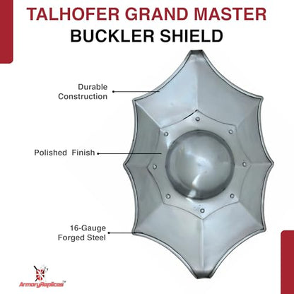 Armory Replicas™ Talhofer Buckler Shield – 17x11” Forged Steel Combat Shield with Wood Grip for Training & Display - color: Silver