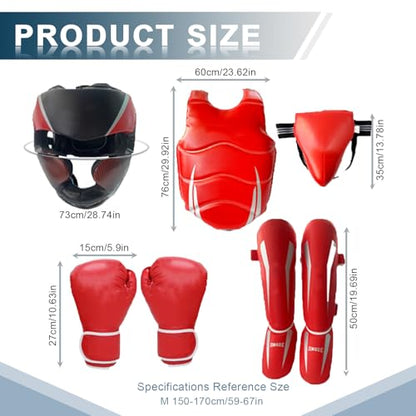 Taekwondo Boxing Gear Set, Karate Sparring Gear Set Height Youth or Adults, Martial Arts Shin Guards/Chest Rib/Headgear/Mouthguards Guards Protective Gear Set - color: Red, size: 59”-67“
