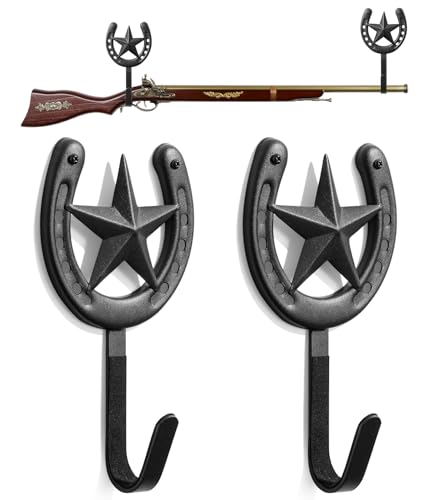 Adowes Gun Rack for Wall Western Shotgun Rifle Rack Wall Mount Metal Wall Gun Hanger Holder Display for Sword Bow Firearm Texas Star and Horseshoe - color: black (1 pair)