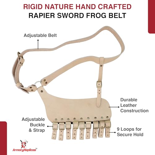 Armory Replicas Handcrafted Rigid Nature Right-Handed Leather Rapier Sword Frog Belt with Adjustable Fit - color: Natural