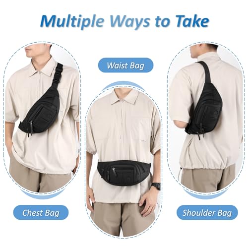 Large Fanny Pack for Men and Women, Crossbody Waist Bag with 4 Zipper Pockets Easy Carry Any Phone, Fashion Waist Pack with Adjustable Strap for Travelling, Hiking, Cycling, Running - Black - color: Black