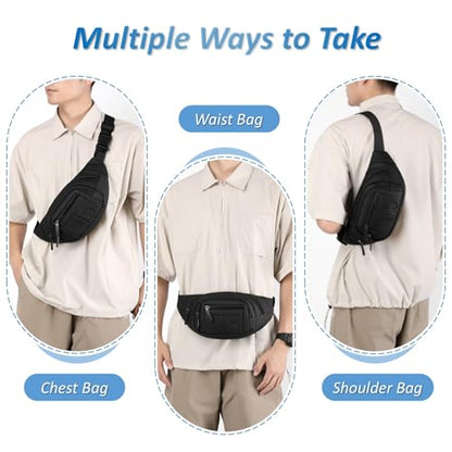 Large Fanny Pack for Men and Women, Crossbody Waist Bag with 4 Zipper Pockets Easy Carry Any Phone, Fashion Waist Pack with Adjustable Strap for Travelling, Hiking, Cycling, Running - Black - color: Black