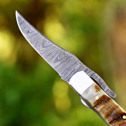 ,Handcrafted Damascus Steel Rus Lock Pocket Knife with, Traditional Folding Blade, Everyday carry, with leather sheath (Ram) - color: Brown