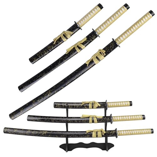 Japanese Samurai Sword, Iaido Katana Carbon Steel Blade Real Sword for Display Decoration and Gift - color: 3PC-Black Set Katana