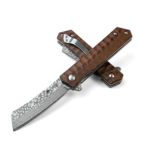 Damascus Folding Knife, 3.54 Inch Tanto - color: Wood-B
