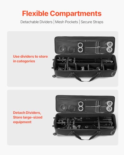 VEVOR Studio Equipment Trolley Case, 46.46 x 14.57 x 11.81 in / 118 x 37 x 30 cm, Rolling Camera Bag, Carrying Bag with Wheels Straps Padded Compartment Handle, for Light Stands, Tripods, Telescopes - size: 46.46 x 14.57 x 11.81 in