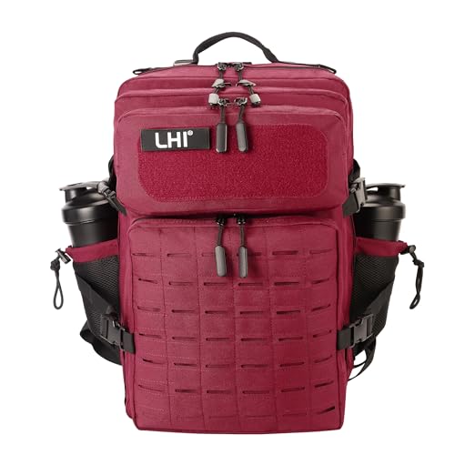LHI Tactical Military Backpack for Men 25L/45L Large Molle Army Assault Pack 3 Day Hiking Rucksack With Bottle Holder - color: Red and Black, size: 45L