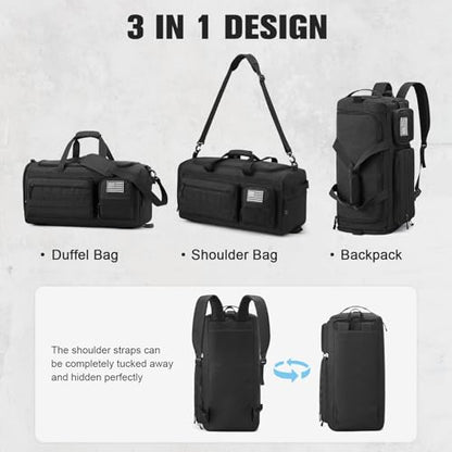 G4Free 3-in-1 Duffle Bag Travel Gym Sports, Large Tactical Duffel Backpack - color: Black