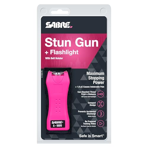 SABRE 2-in-1 Stun Gun and Flashlight and Belt Holster, Emits 1.60 Powerful Pain Inducing Microcoulombs (µC) Charge, 120 Lumen LED Flashlight, Rubberized Grip, Compact Design, Rechargeable - color: Pink