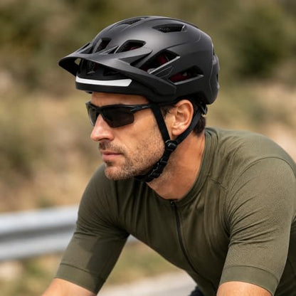 Bike Helmet, Helmets for Adults Men, Front and Back LED Lights Safe Certified MTB Road Bicycle Helmet with Adjustable Brim - color: Black, size: L (59-61cm)
