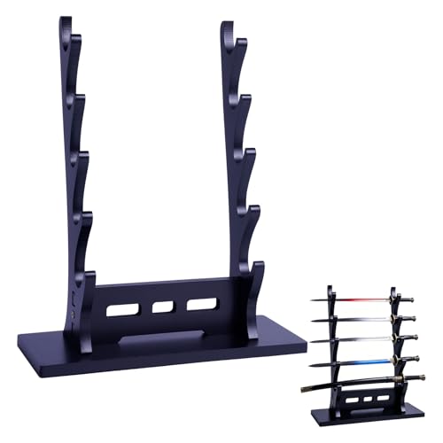 5 Tier Knife & Sword Display Stand, Desktop5 Tier Knife & Sword Display Stand Floor,Black Katana Sword Holder Table,Wood Samurai Sword Stand Rack Desktop for Weapon Blade Tanto Rapier Genji Hanging Use