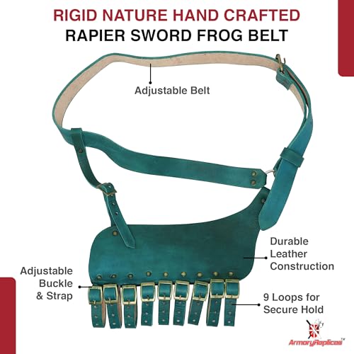 Armory Replicas Handcrafted Rigid Nature Right-Handed Leather Rapier Sword Frog Belt with Adjustable Fit - color: Green