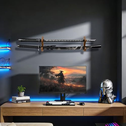 Sword Wall Mount Hook Walnut Wood Katana Display Holder Stand Rack, Brown