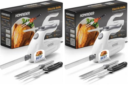 Homaider Electric Knife for Meat Slicing, Turkey, Carving Meat, Bread & More | Ergonomic Handle + 2 Carving Reciprocating Stainless Steel Blades and Serving Fork Included, 6 Foot Cord (Pack of 2) - size: Knife (Pack of 2)