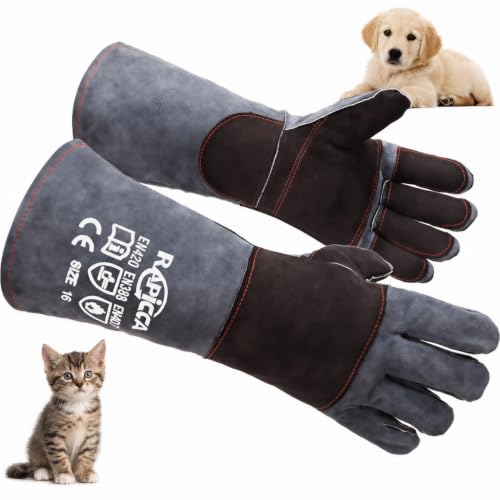 RAPICCA Animal Handling Gloves, Bite Proof Double Leather, 16 in Grey-Black - size: 2 Count (Pack of 1), style: 16 Inches
