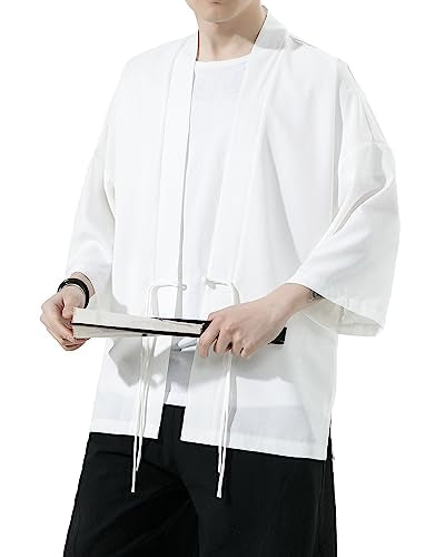 Mens Kimono Cardigan Cotton Linen Japanese Shirt 3/4 Sleeve Haori Yukata - color: 36-beige, size: XX-Large
