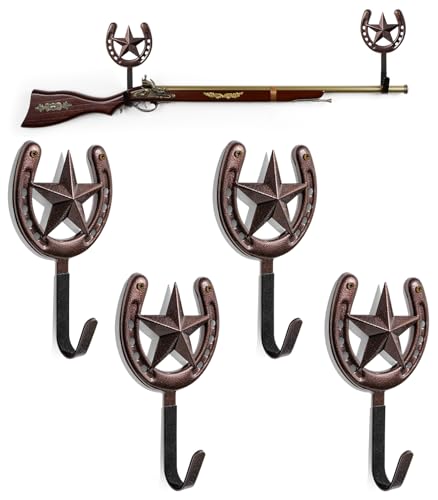 Adowes Gun Rack for Wall Western Shotgun Rifle Rack Wall Mount Metal Wall Gun Hanger Holder Display for Sword Bow Firearm Texas Star and Horseshoe - color: bronze (2 pair)