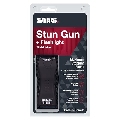 SABRE 2-in-1 Stun Gun and Flashlight and Belt Holster, Emits 1.60 Powerful Pain Inducing Microcoulombs (µC) Charge, 120 Lumen LED Flashlight, Rubberized Grip, Compact Design, Rechargeable - color: Lavender