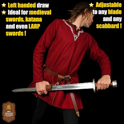 Mythrojan Medieval Sword Frog Adventurer with Leather Holder for Universal Rapier, Broadsword, Cutlass - style: Large Left Handed - Brown Crunch (10" X 10")