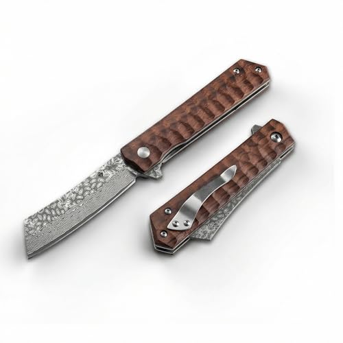 Damascus Folding Knife, 3.54 Inch Tanto - color: Wood-B