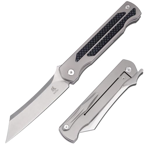 KATSU S35VN Steel Blade Folding Knife,Titanium Pocket Knife for Men Carbon Fiber Handle,Frame Lock Japanese Style Front Flipper EDC Knife with Clip Stonewash Leather Sheath - color: silver