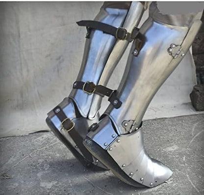 Medieval Combat Steel Greaves with Sabaton, Silver, 18 Gauge Steel and Leather Construction, 18 Inch Length, Knee Protection, LARP Battle Armor