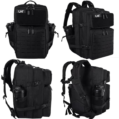 LHI Tactical Military Backpack for Men 25L/45L Large Molle Army Assault Pack 3 Day Hiking Rucksack With Bottle Holder - color: All Black, size: 45L