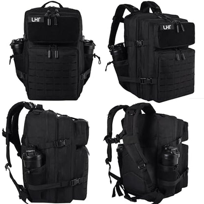 LHI Tactical Military Backpack for Men 25L/45L Large Molle Army Assault Pack 3 Day Hiking Rucksack With Bottle Holder - color: All Black, size: 45L