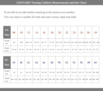 LEONARK 350NW Fencing Sport Uniform Suit - Unisex Pants Jacket Vest Set for Foil Epee Saber - size: 16