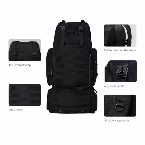 Tactical 80L Hiking Backpack with Dedicated Shoe Compartment - Large Capacity Rucksack for Camping Backpacking Men Women - Outdoor Trekking Travel Pack (Black)