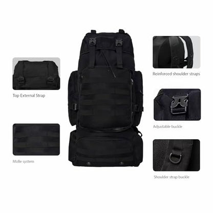 Tactical 80L Hiking Backpack with Dedicated Shoe Compartment - Large Capacity Rucksack for Camping Backpacking Men Women - Outdoor Trekking Travel Pack (Black)