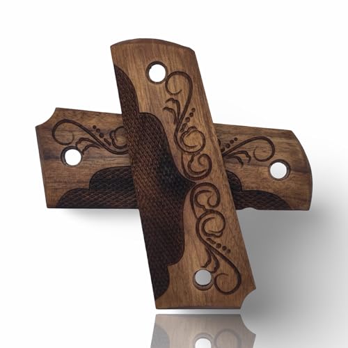 Art Series 1911 Pistol Grips – Handcrafted Walnut Wood Panels with Unique Engraved Designs | Oil Finish | Fits Full-Size 1911 Clones - color: Ornamental Scroll