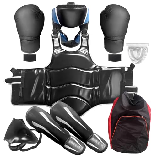 Taekwondo Boxing Gear Set, Karate Sparring Gear Set Height Youth or Adults, Martial Arts Shin Guards/Chest Rib/Headgear/Mouthguards Guards Protective Gear Set - color: Black, size: 67"-74.8"