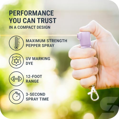 SABRE Mighty Discreet Pepper Spray with Snap-Clip Keychain - Pocket Size for Running, Walking, Keys & Travel, Fits in Small Bags & Purses, Max Strength Self Defense, UV Dye, 12 ft Range, 0.18 fl oz - color: Lavender