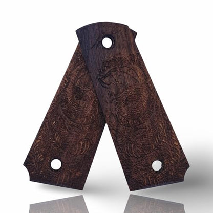 Art Series 1911 Pistol Grips – Handcrafted Walnut Wood Panels with Unique Engraved Designs | Oil Finish | Fits Full-Size 1911 Clones - color: Shadow Dragon