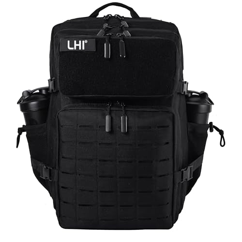 LHI Tactical Military Backpack for Men 25L/45L Large Molle Army Assault Pack 3 Day Hiking Rucksack With Bottle Holder - color: All Black, size: 45L