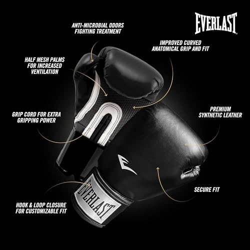 Everlast Prostyle 2 Boxing Gloves, Entry Level Training Gloves for Men and Women, Secure Fit Hook and Loop Closure & Ventilation, Heavy Bag & Speedbag Training - color: Black, size: 12 oz