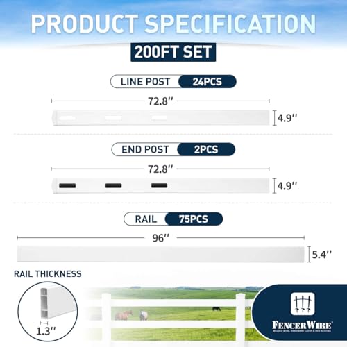 Fencer Wire 3-Rail Vinyl Ranch Fence Kit, 4ft H x 200ft W, White PVC Fence System with 6ft Posts & 8ft Rails, UV-Resistant, Easy Installation, Durable Outdoor Fencing for Ranch, Yard & Farm - size: 200 FT