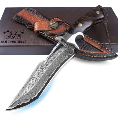 Damascus Hunting Knife,10.4" Fixed Blade VG10 Leather Sheath - style: Damascus Steel-2