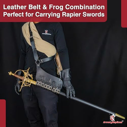 Armory Replicas Handcrafted Rigid Nature Right-Handed Leather Rapier Sword Frog Belt with Adjustable Fit - color: Black
