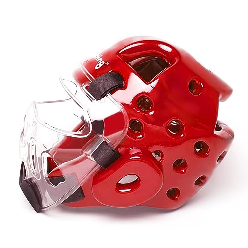 Kids Adults Karate Headgear, with Removable PC Face Shield Eva High-Density Foam Taekwondo Helmet Multiple Vents for Sparring Grappling Muay Thai Kickboxing MMA Karate Taekwondo Training - color: red, size: Small