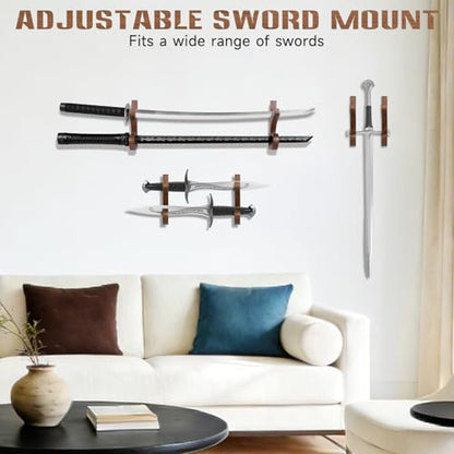 Sword Wall Mount Hook Walnut Wood Katana Display Holder Stand Rack, Brown