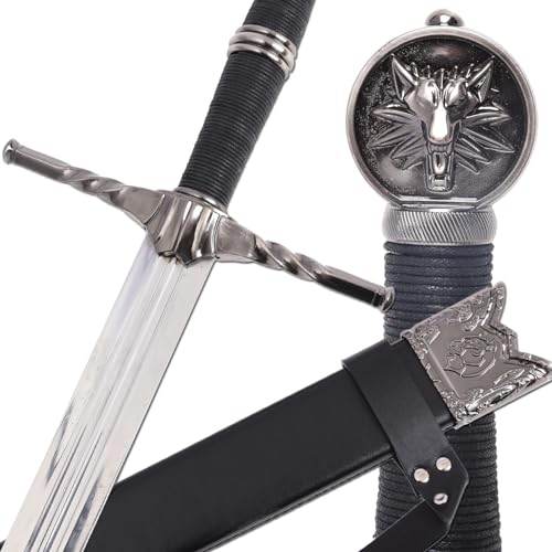 Medieval White Wolf Silver Steel Sword Metal Two Handed Replica 41inch Suitable for Cosplay LARP Costumes Halloween Props - style: Steel Sword