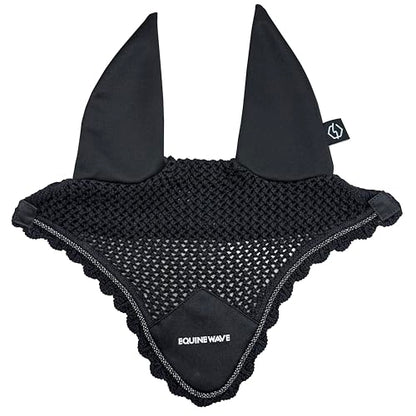 EQUINEWAVE Horse Fly Bonnet, Breathable Crochet Ear Bonnet with Stretch Comfort Ears, Contoured Fit for English Riding - color: BLACK