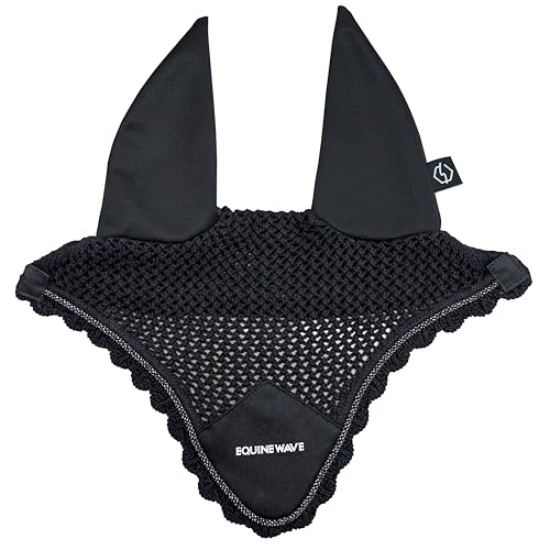 EQUINEWAVE Horse Fly Bonnet, Breathable Crochet Ear Bonnet with Stretch Comfort Ears, Contoured Fit for English Riding - color: BLACK