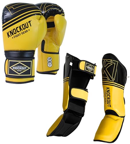 Boxing Gloves & Muay Thai Shin Guards for Men and Women, MMA Kickboxing Shin Pads Set, Adjustable Shin Guards with Instep Protection, Sparring & Martial Arts Training Gear - color: Yellow Set, size: (Gloves-12 oz) (CH/XS)-Sh"