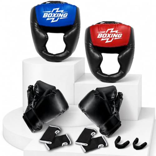 12pcs Boxing Headgear, guantes de boxeo,Mouth Guards& Hand Wraps Boxing Equipment Set - PU Leather Boxing Protective Gear for Training, Sparring & MMA，Boxing Gloves - size: 6oz