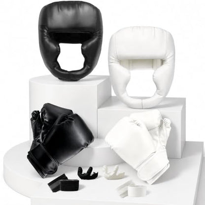 14 Pcs Boxing Set Boxing Equipment Set for Beginners Including 2 Pair of 6 oz Boxing Gloves Headgear Helmet Hand Wraps Mouth Guards Gifts Training Equipment - color: Black & White